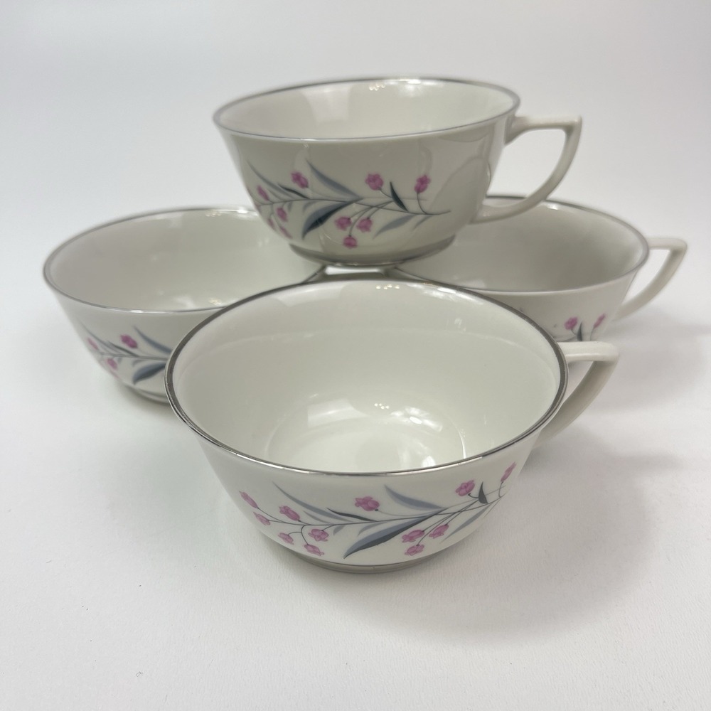 Embassy USA China Tru Tone Footed Tea Cups Pink‎ Flowers Gray Platinum Rim - Picture 10 of 12